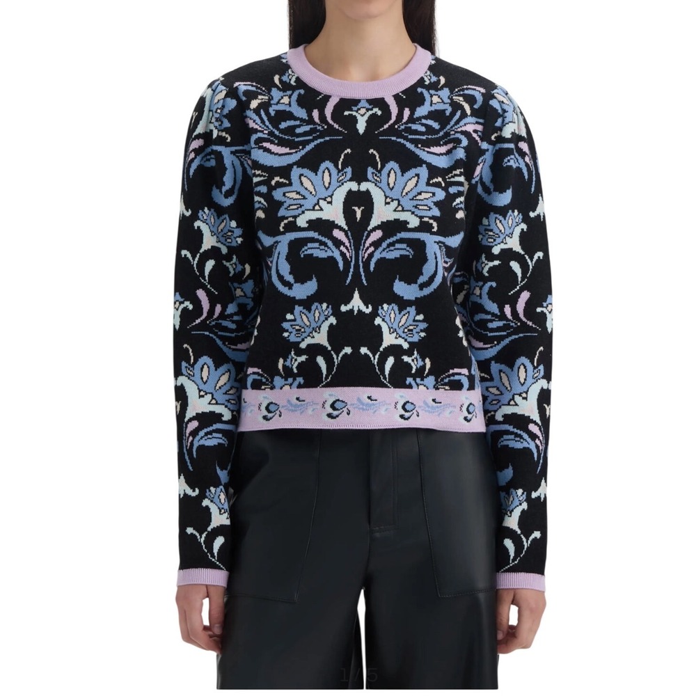 NVLT Floral Damask Jacquard Knit Crewneck Sweater Black Blue Lavender XL NWT